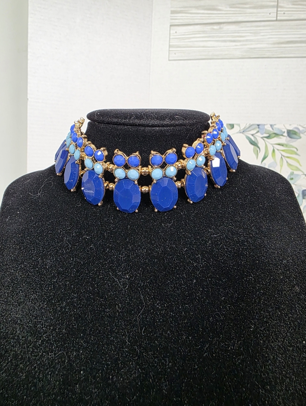 MIKA Signature Gold & Blue Resin Statement Bib Choker Necklace And Earrings Set
